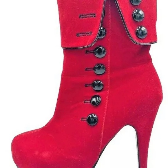 Crape Myrtle Red Velvet Heel Boots with Buttons - Picture 4 of 12